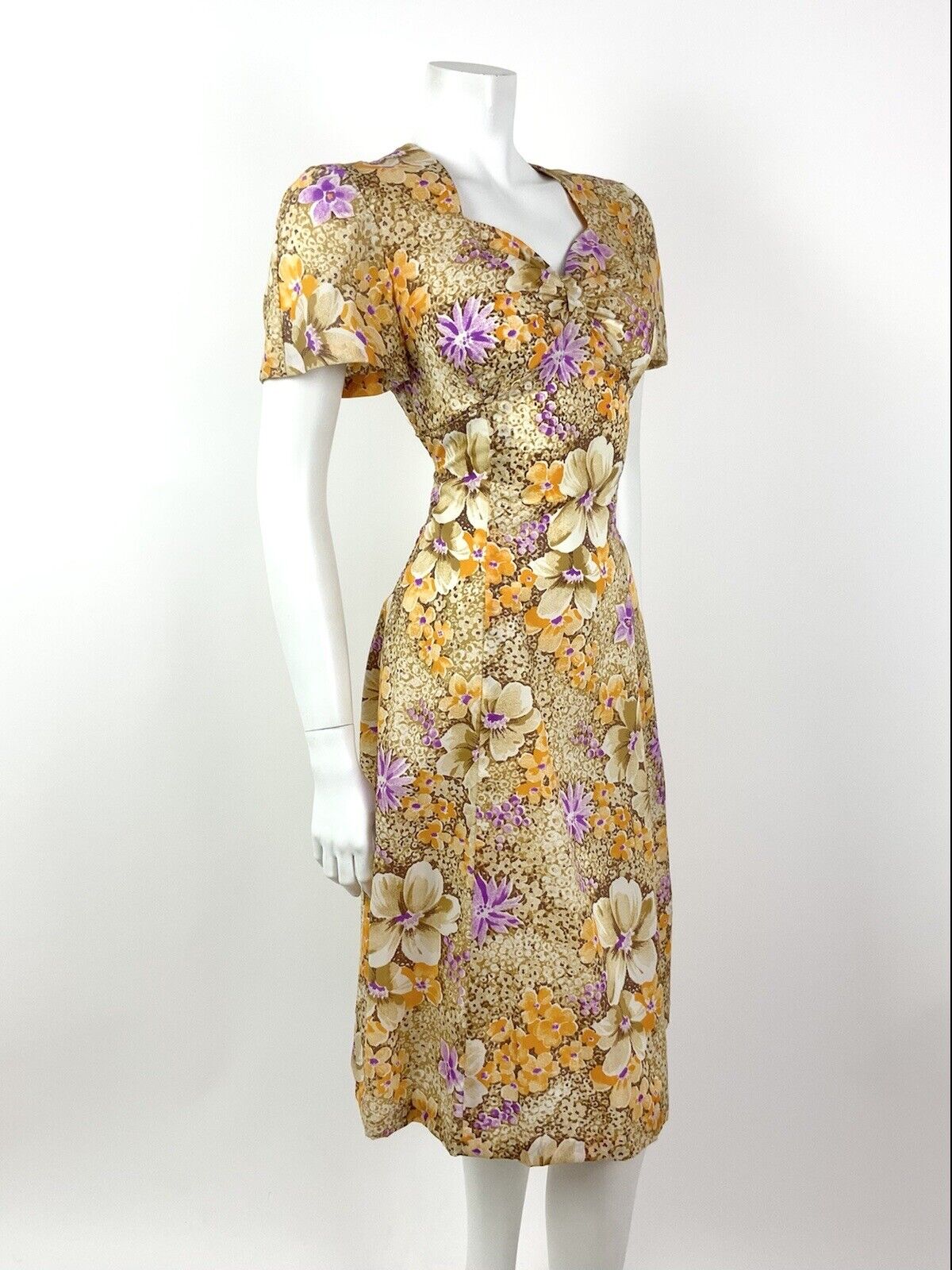 VTG 60s 70s CREAM BROWN PURPLE ORANGE FLORAL DITSY SWEETHEART TEA DRESS 10 12