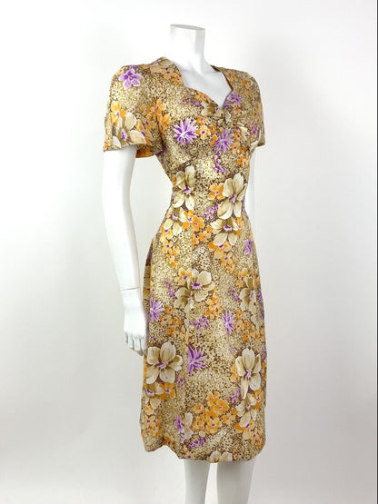 VTG 60s 70s CREAM BROWN PURPLE ORANGE FLORAL DITSY SWEETHEART TEA DRESS 10 12