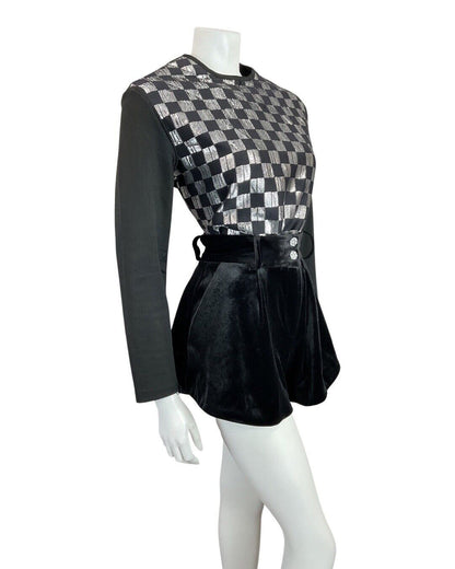 VINTAGE 60s 70s BLACK SILVER CHECKERBOARD MOD DISCO LONGSLEEVE BLOUSE TOP 14 16