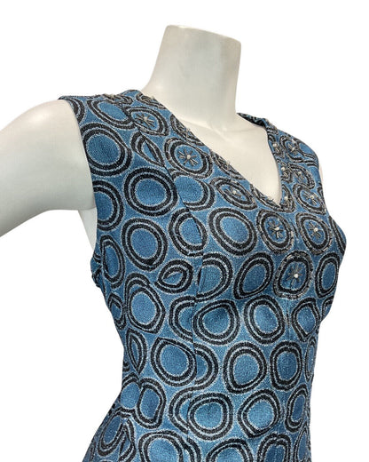 VINTAGE 60s 70s BLUE BLACK SILVER GEOMETRIC LUREX GLITTER MAXI GOWN DRESS 14 16