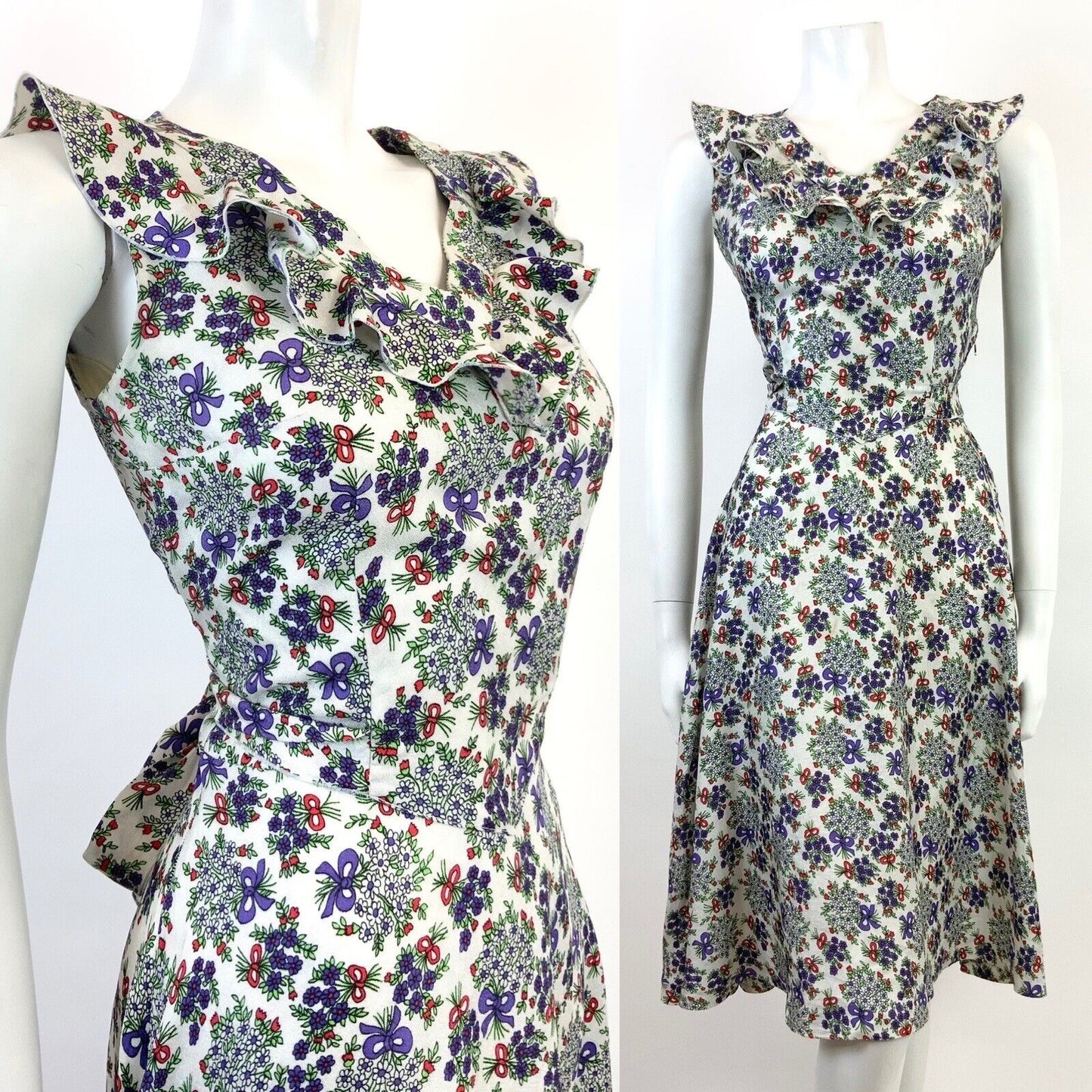 VINTAGE 60s 70s WHITE PURPLE RED GREEN FLORAL BOUQUET BOW RUFFLE DRESS 8