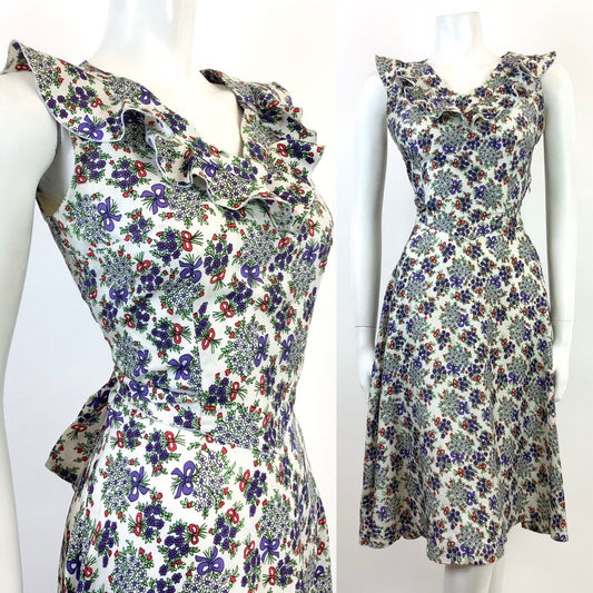 VINTAGE 60s 70s WHITE PURPLE RED GREEN FLORAL BOUQUET BOW RUFFLE DRESS 8
