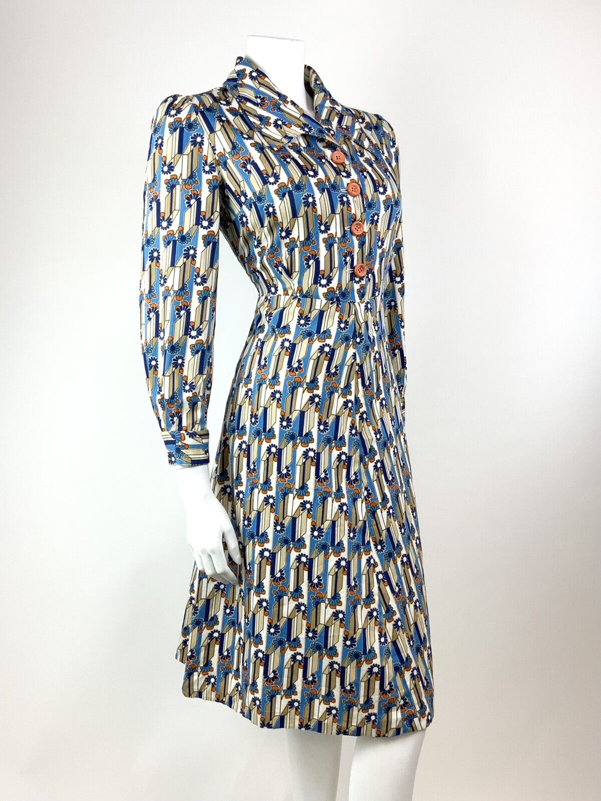 VINTAGE 60s 70s BLUE WHITE ORANGE GEOMETRIC DAISY FLOWER MOD SHIRT DRESS 12