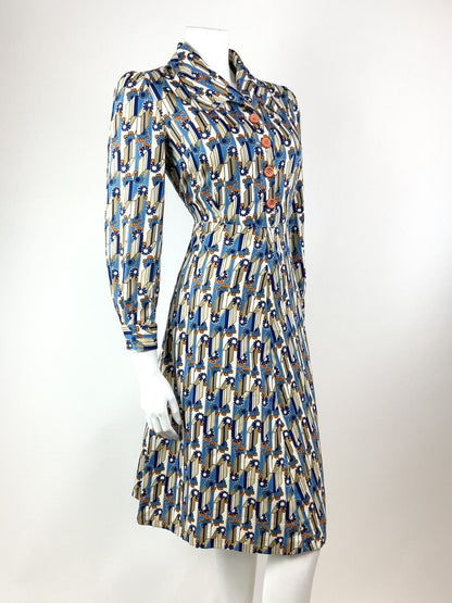 VINTAGE 60s 70s BLUE WHITE ORANGE GEOMETRIC DAISY FLOWER MOD SHIRT DRESS 12