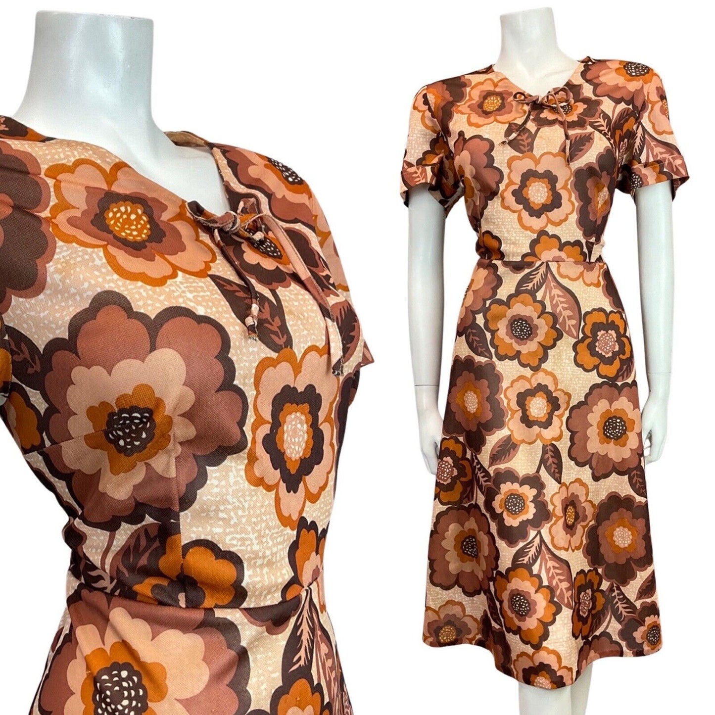 VINTAGE 60s 70s BROWN CREAM ORANGE FLORAL DAISY MOD SWING DRESS 16
