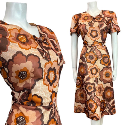 VINTAGE 60s 70s BROWN CREAM ORANGE FLORAL DAISY MOD SWING DRESS 16
