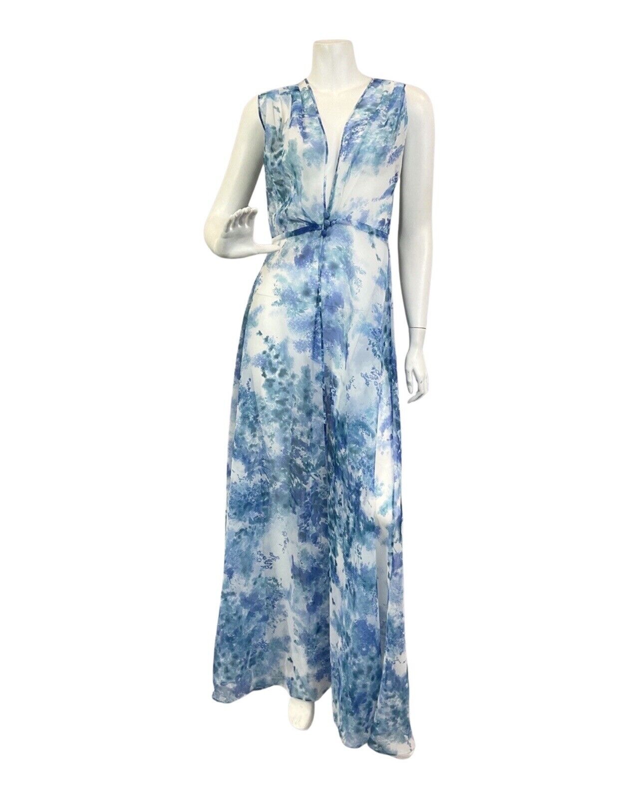 VINTAGE 60s 70s BLUE WHITE GREEN FLORAL LEAFY WAISTCOAT MAXI OVER-DRESS 14 16
