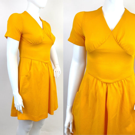 VINTAGE 60s 70s YELLOW ORANGE V-NECK SHORT MOD SWING DRESS 16