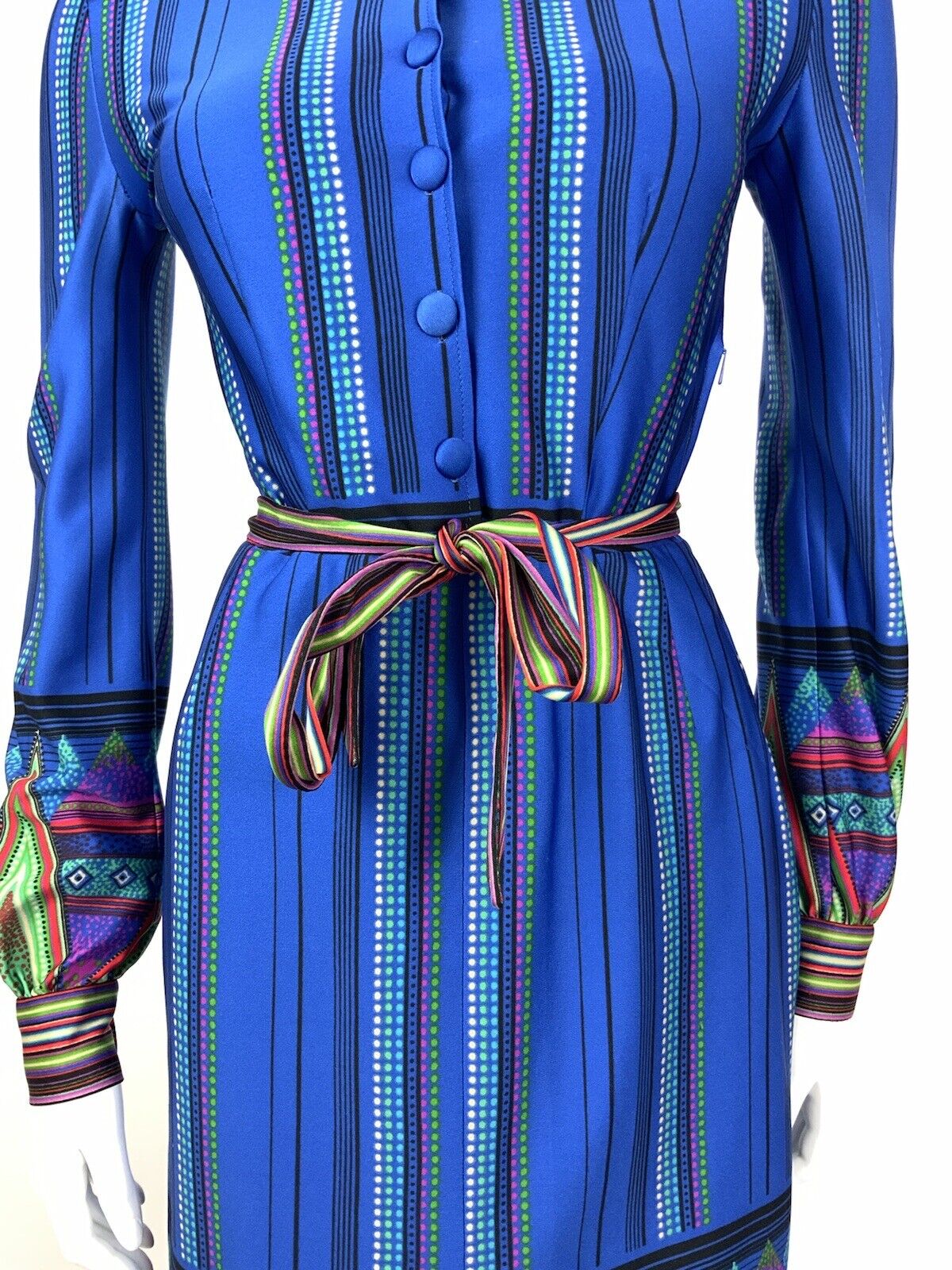 VTG 60s 70s BLUE GREEN PINK DOTTY STRIPED AZTEC BELTED DAGGER SHIRT DRESS 8 10