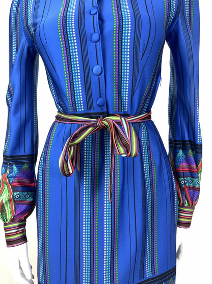 VTG 60s 70s BLUE GREEN PINK DOTTY STRIPED AZTEC BELTED DAGGER SHIRT DRESS 8 10