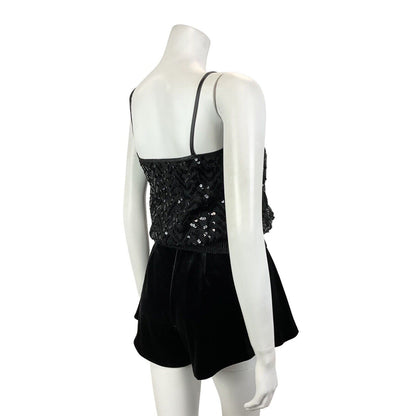 VINTAGE 70s BLACK WAVY SEQUIN BLOUSON SPAGHETTI STRAP STUDIO 54 DISCO TOP 8