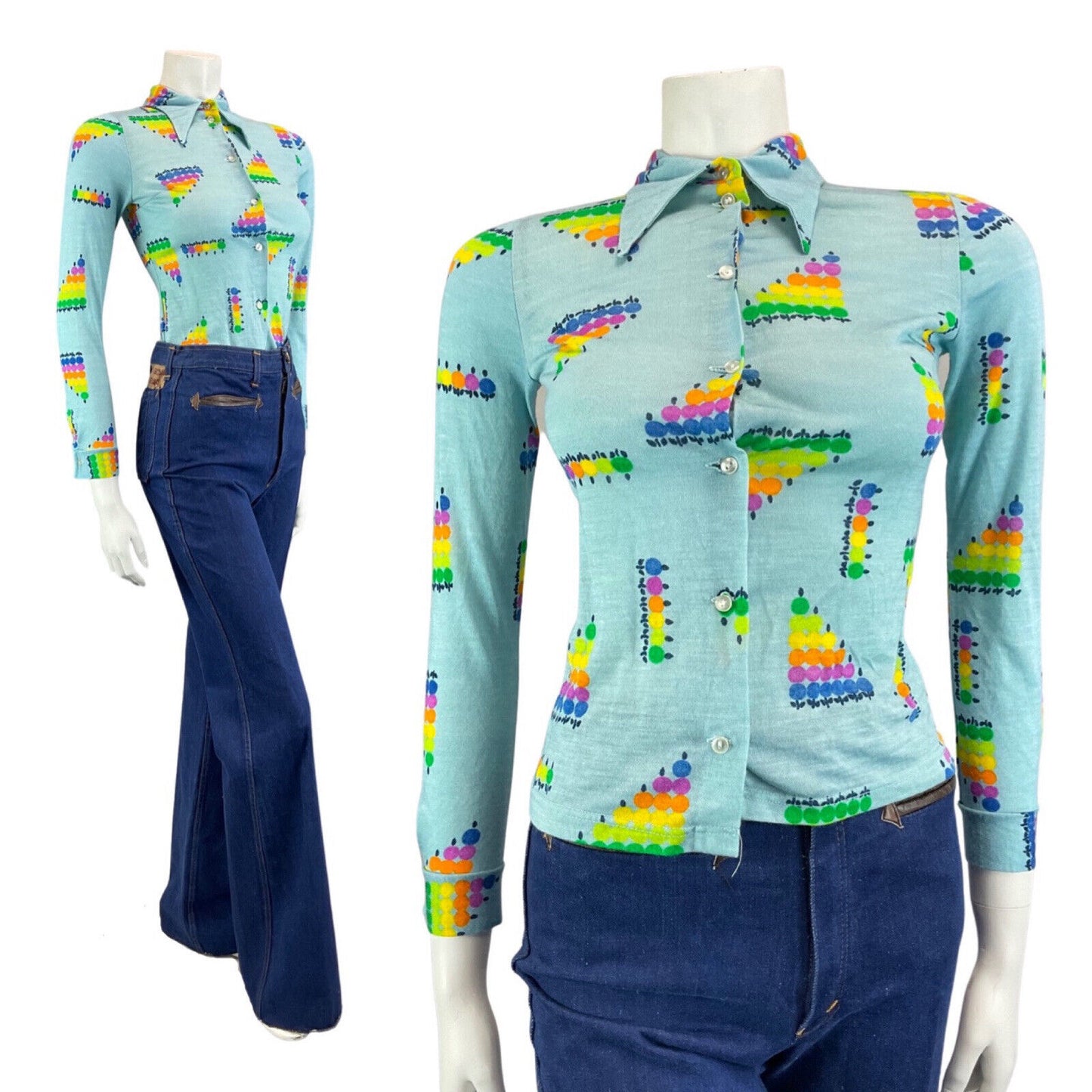 VINTAGE 60s 70s BLUE GREEN YELLOW GEOMETRIC DOTTY MOD DAGGER COLLAR SHIRT 4
