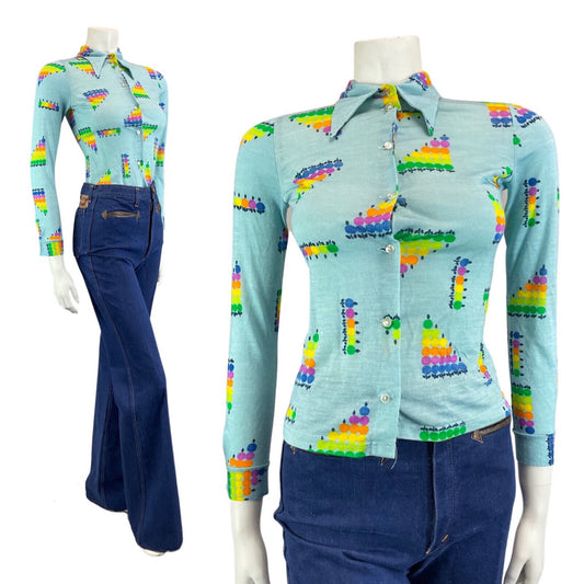 VINTAGE 60s 70s BLUE GREEN YELLOW GEOMETRIC DOTTY MOD DAGGER COLLAR SHIRT 4