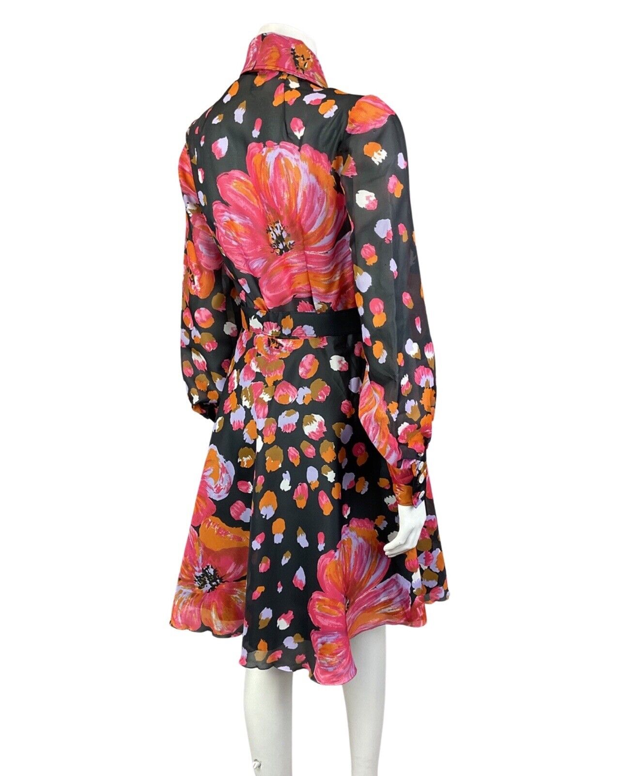 VINTAGE 60s 70s BLACK PINK LILAC FLORAL DAGGER COLLAR SWING SHIRT DRESS 8 10