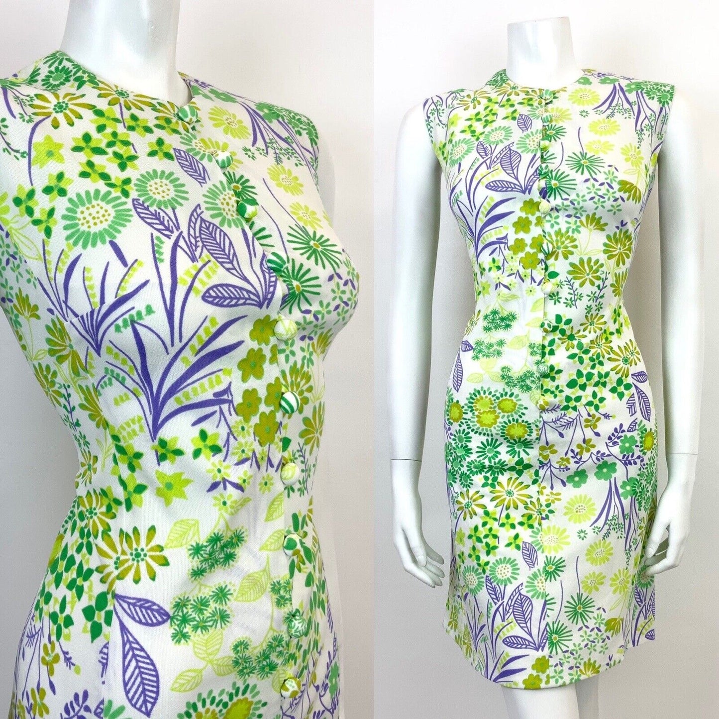 VINTAGE 60s 70s WHITE GREEN PURPLE FLORAL PSYCHEDELIC SLEEVELESS DRESS 10 12