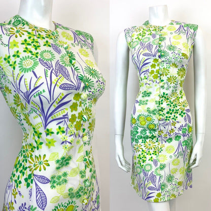 VINTAGE 60s 70s WHITE GREEN PURPLE FLORAL PSYCHEDELIC SLEEVELESS DRESS 10 12