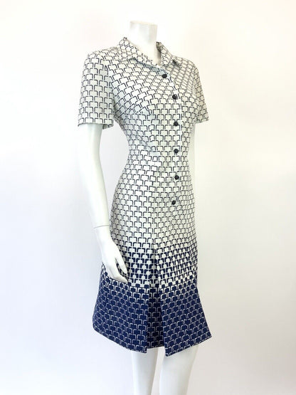 VINTAGE 60s 70s WHITE NAVY BLUE GEOMETRIC OP-ART FADE DAGGER SHIRT DRESS 12 14