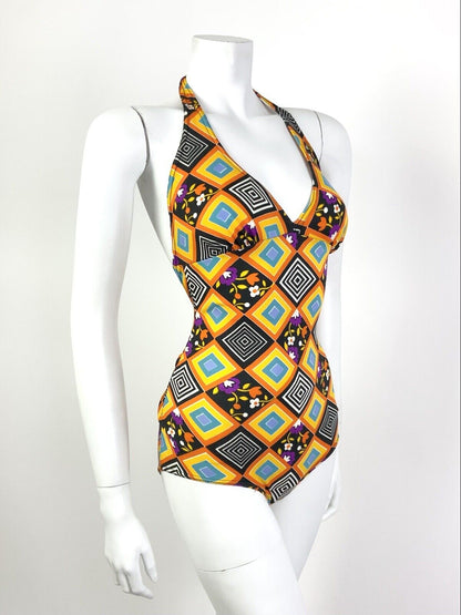 VTG 60s 70s ORANGE BLACK PURPLE GEOMETRIC FLORAL HALTER SWIM BATHING SUIT 10 12