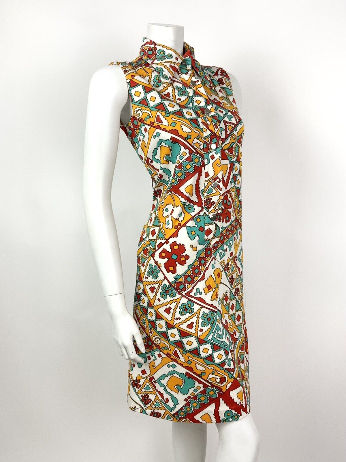 VINTAGE 60s 70s WHITE BLUE RED YELLOW GEOMETRIC AZTEC DAGGER SHIRT DRESS 12 14