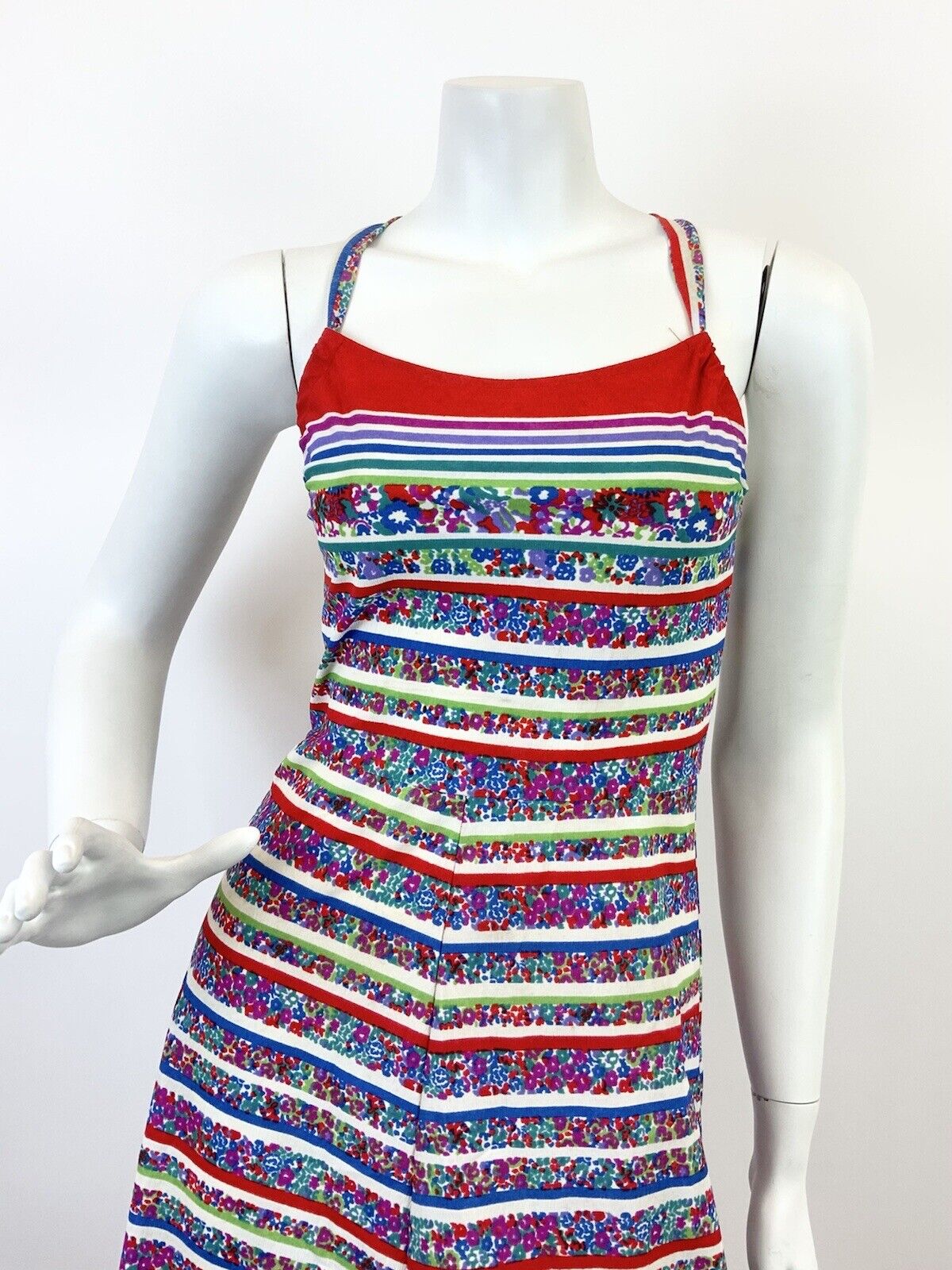 VINTAGE 60s 70s WHITE RED BLUE GREEN DITSY FLORAL STRIPED STRAPPY SUNDRESS 4