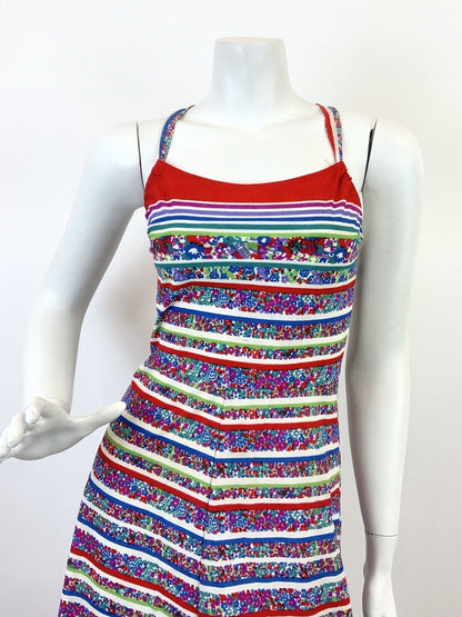VINTAGE 60s 70s WHITE RED BLUE GREEN DITSY FLORAL STRIPED STRAPPY SUNDRESS 4