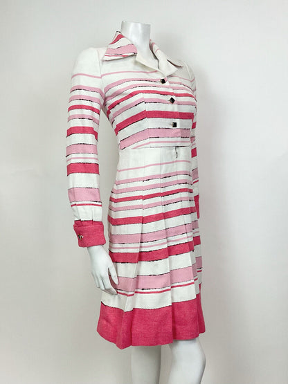 VINTAGE 60s 70s WHITE PINK ROSE STRIPED PLEATED MOD DAGGER SHIRT DRESS 8 10