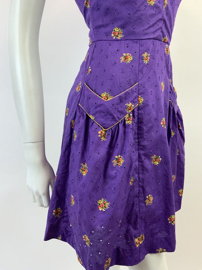 VINTAGE 60s 70s PURPLE YELLOW ANGLAISE EMBROIDERED FLORAL ROSE MOD DRESS 8