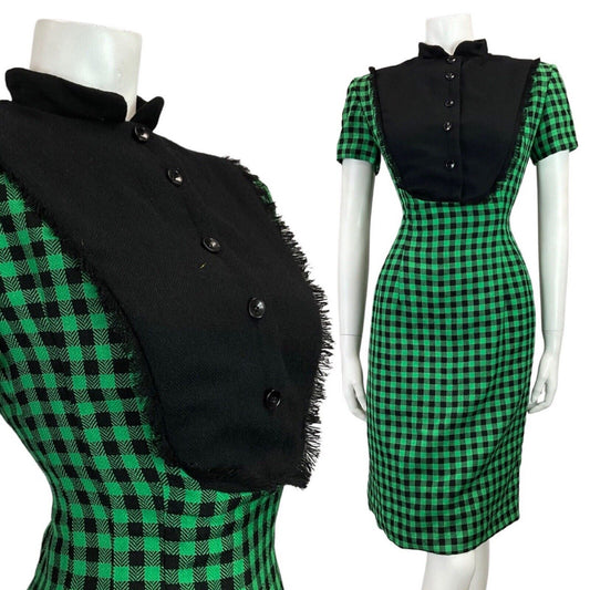 VINTAGE 60s 70s GREEN BLACK GINGHAM CHECKED MOD FITTED DRESS 8 10