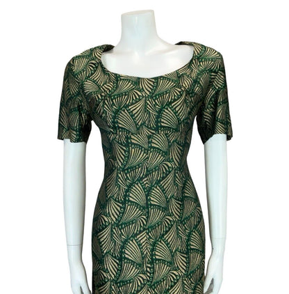 VTG 60S ART DECO FAN GOLD GREEN BLACK SHORT SLEEVE ROUNDED NECK DRESS 12
