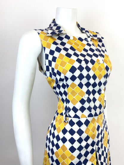 VTG 60s 70s WHITE BLUE YELLOW CHECKERBOARD GEOMETRIC DAGGER SHIRT DRESS 12 14