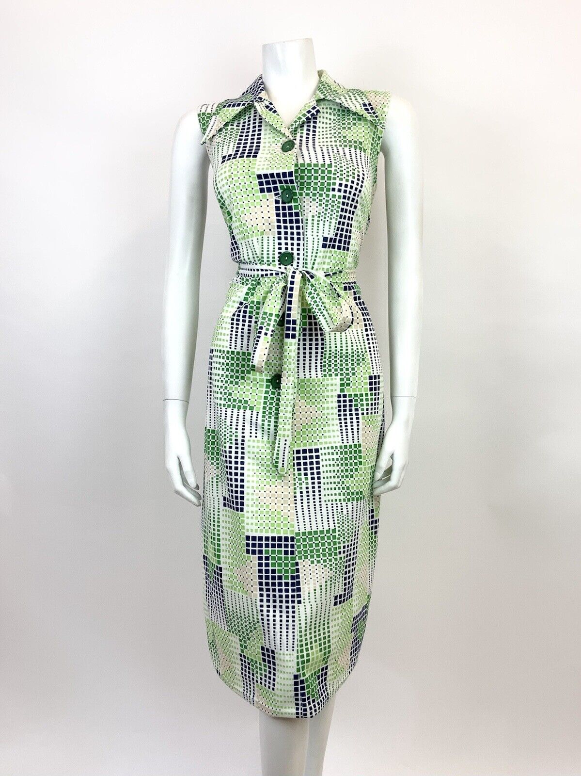 VINTAGE 60s 70s GREEN WHITE BLUE GEOMETRIC GRID CHECKED DAGGER SHIRT DRESS 12 14