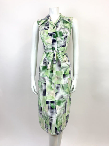 VINTAGE 60s 70s GREEN WHITE BLUE GEOMETRIC GRID CHECKED DAGGER SHIRT DRESS 12 14