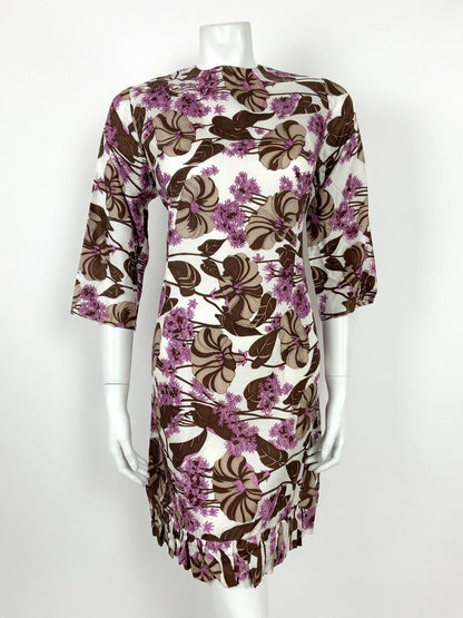 VINTAGE 60s 70s WHITE BROWN PINK FLORAL DITSY RUFFLE SHIFT DRESS 10 12