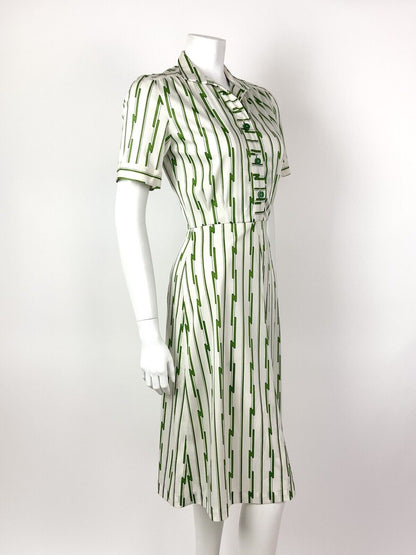 VINTAGE 60s 70s WHITE APPLE GREEN STRIPED BOLT MOD SHIRT DRESS 8 10