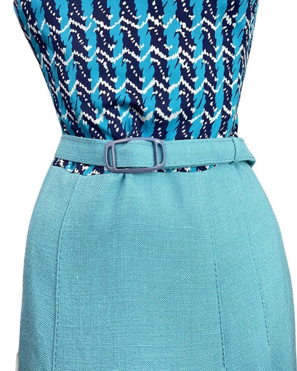 VINTAGE 60s 70s BLUE NAVY WHITE STRIPED ZIG-ZAG MOD BELTED DRESS 10 12