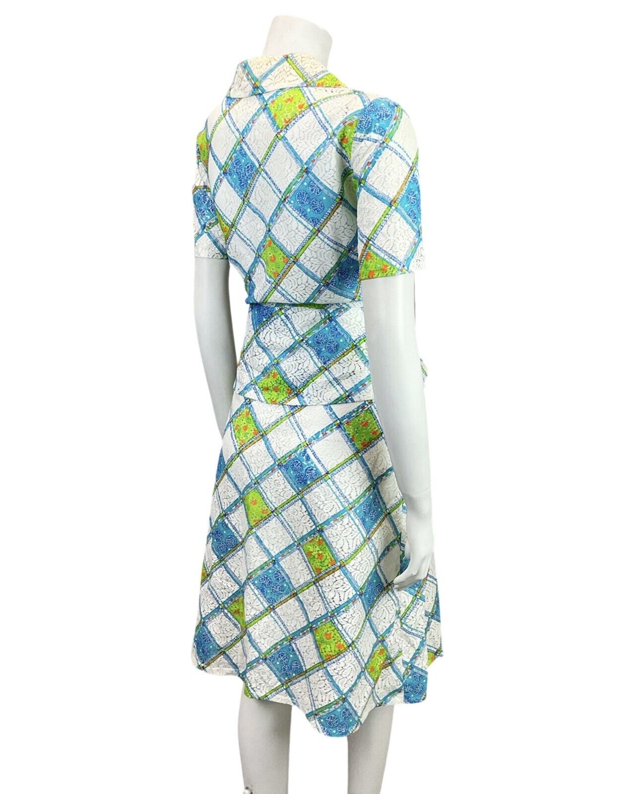 VINTAGE 60s 70s WHITE BLUE GREEN CHECKED FLORAL PELUM LACE DRESS 16
