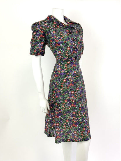 VTG 60s 70s GREEN PURPLE RED BLACK FLORAL DAISY DITSY MOD DAGGER SHIRT DRESS 12