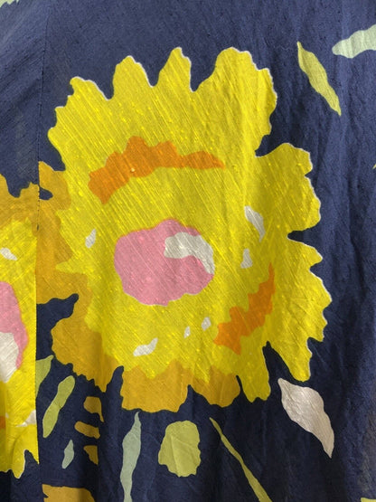 VINTAGE 60s 70s NAVY BLUE YELLOW PINK FLORAL V-NECK SWING SUMMER DRESS 8 10