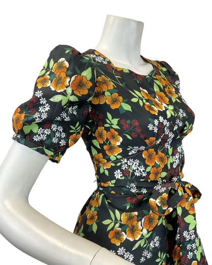 VTG 60s 70s BLACK ORANGE RED FLORAL PSYCHEDELIC PUFF SLEEVE MOD MAXI DRESS 8 10