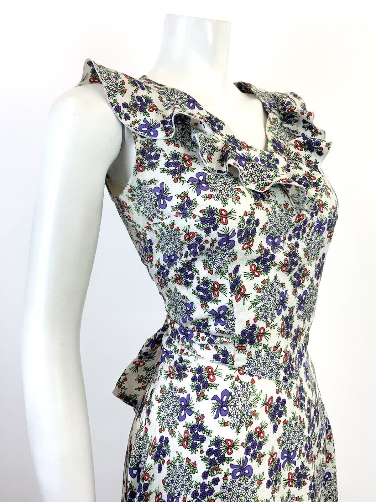 VINTAGE 60s 70s WHITE PURPLE RED GREEN FLORAL BOUQUET BOW RUFFLE DRESS 8