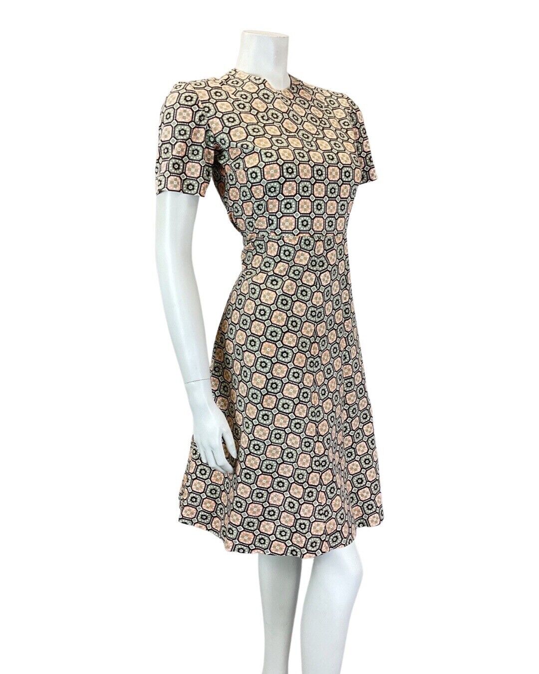VINTAGE 60s 70s GREY PINK BLACK TILED GEOMETRIC DAISY FLOWER MOD SHORT DRESS 6 8