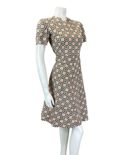 VINTAGE 60s 70s GREY PINK BLACK TILED GEOMETRIC DAISY FLOWER MOD SHORT DRESS 6 8