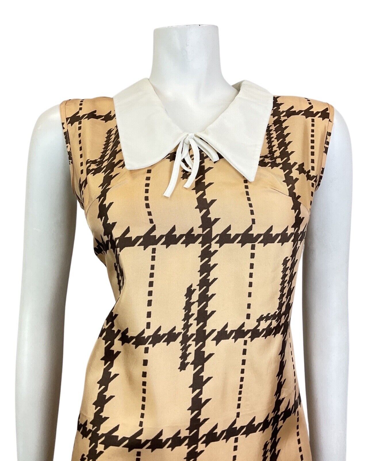 VINTAGE 60s 70s BROWN BRONZE HOUNDSTOOTH CHECKED MOD DAGGER SHIRT DRESS 8 10