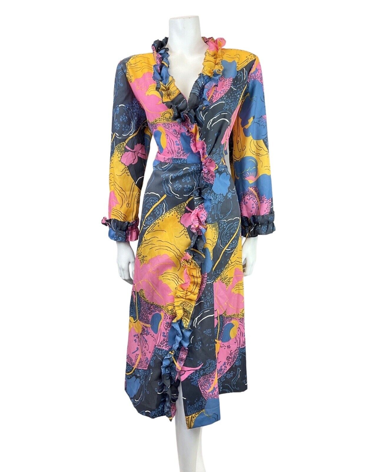 VTG 60s 70s BLUE PINK YELLOW PSYCHEDELIC ABSTRACT RUFFLED HOUSE COAT DRESS 14 16