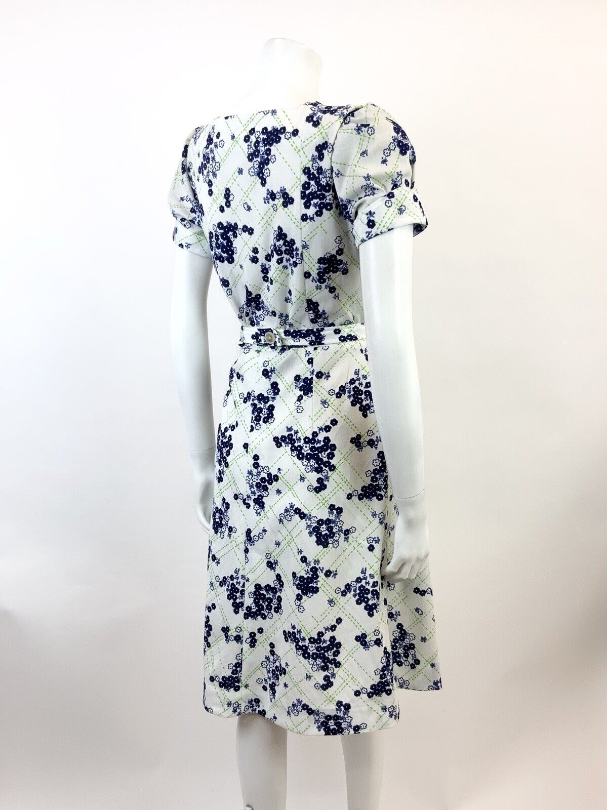 VINTAGE 60s 70s WHITE GREEN BLUE CHECKED FLORAL DITSY PUFF SLEEVE DRESS 12 14
