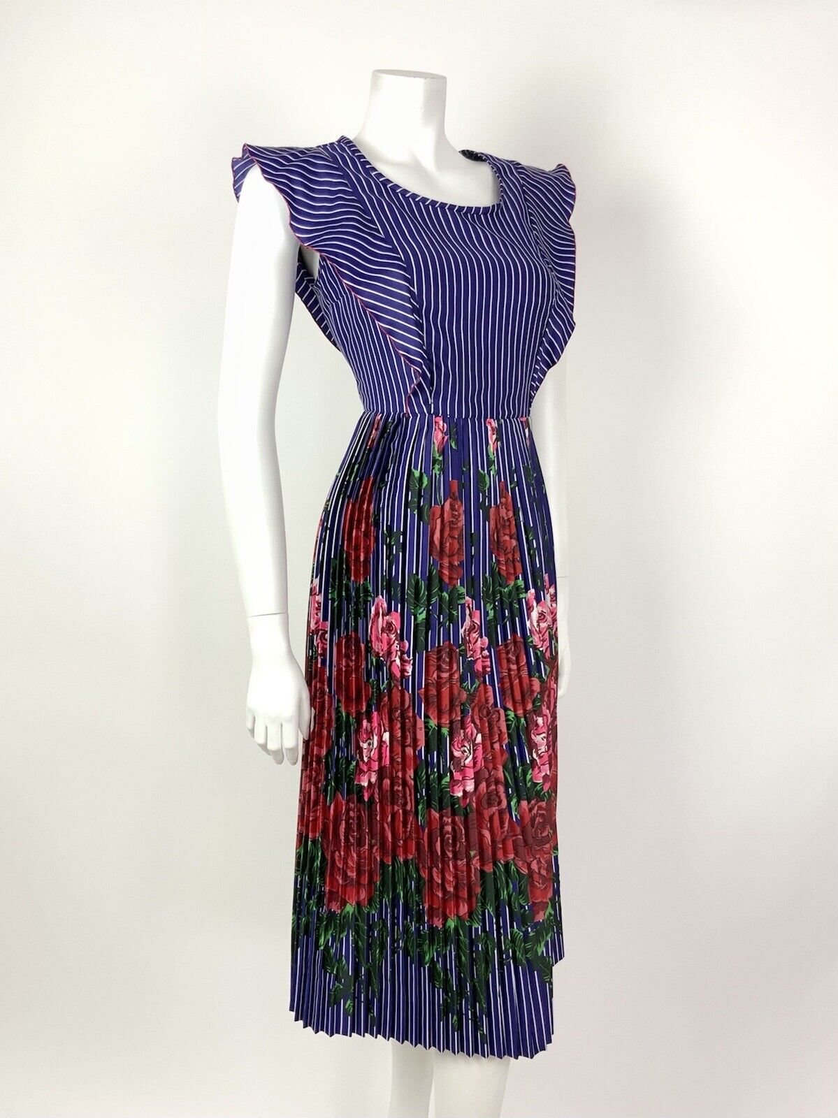 VTG 60s 70s BLUE WHITE RED PINK PIN STRIPE FLORAL ROSE PLEATED PRAIRIE DRESS 10