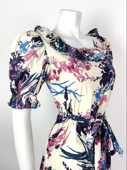 VINTAGE 60s 70s CREAM PURPLE BLUE FLORAL LEAFY RUFFLED BELTED DRESS 8 10