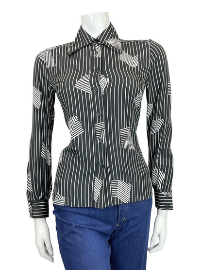 VINTAGE 60s 70s BLACK WHITE PINSTRIPE OP-ART GEOMETRIC MOD DAGGER SHIRT 8