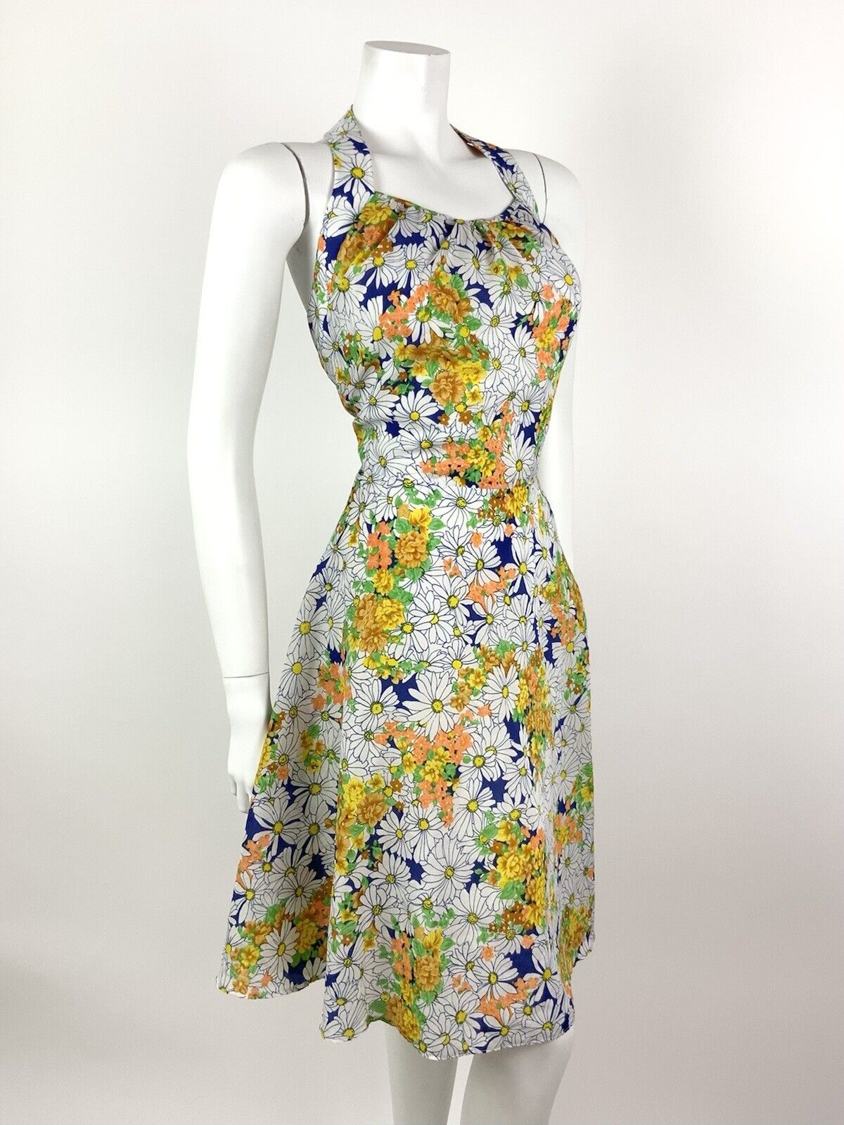 VINTAGE 60s 70s WHITE YELLOW ORANGE FLORAL DITSY DAISY HALTER SUMMER DRESS 10 12