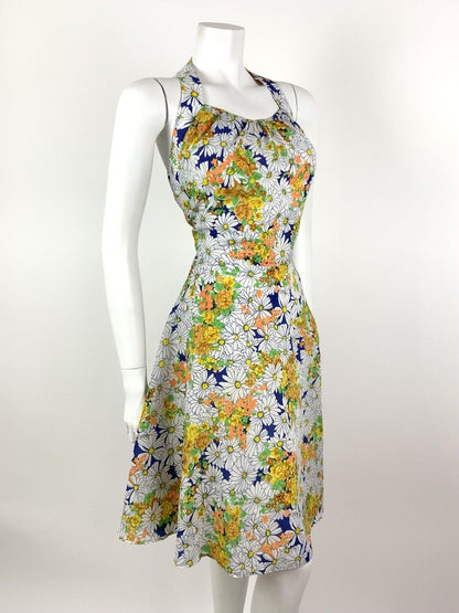 VINTAGE 60s 70s WHITE YELLOW ORANGE FLORAL DITSY DAISY HALTER SUMMER DRESS 10 12